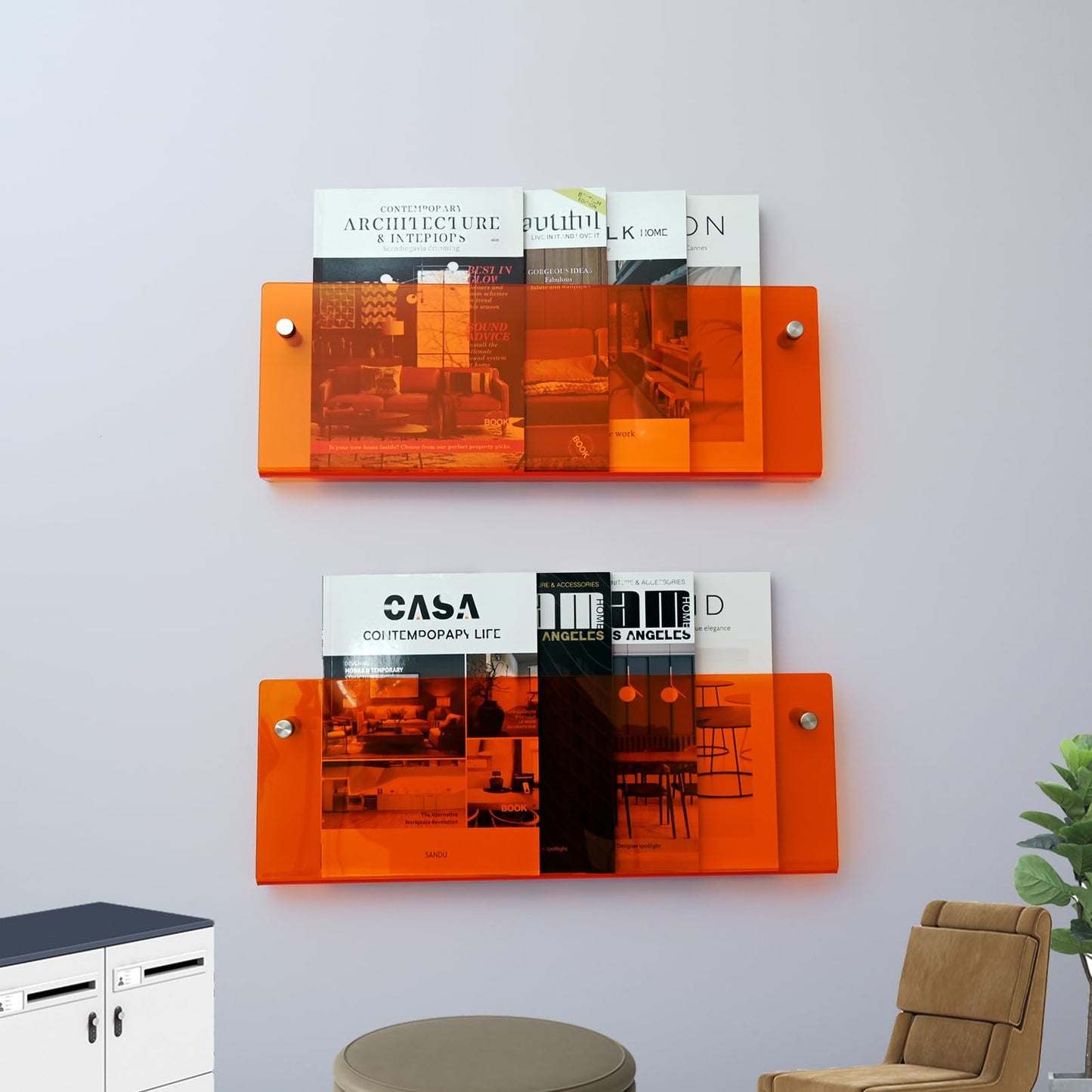 XOHYW 2 Pack Orange Acrylic Magazine Holder, Wall Mount Hanging Bookshelf Literature Storage Rack