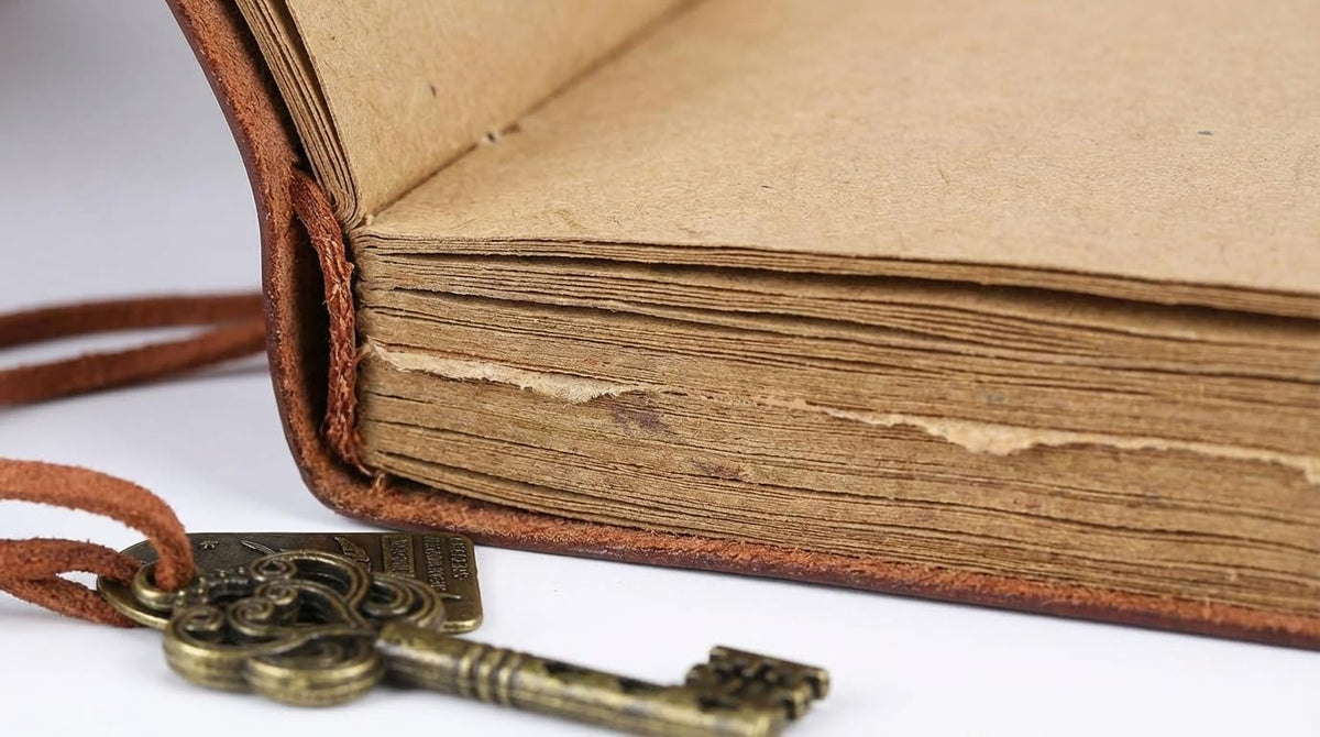 EvZ Classic Vintage Leather Writing Journal Notebook - Unique Key Bound Retro Diary, Blank Kraft