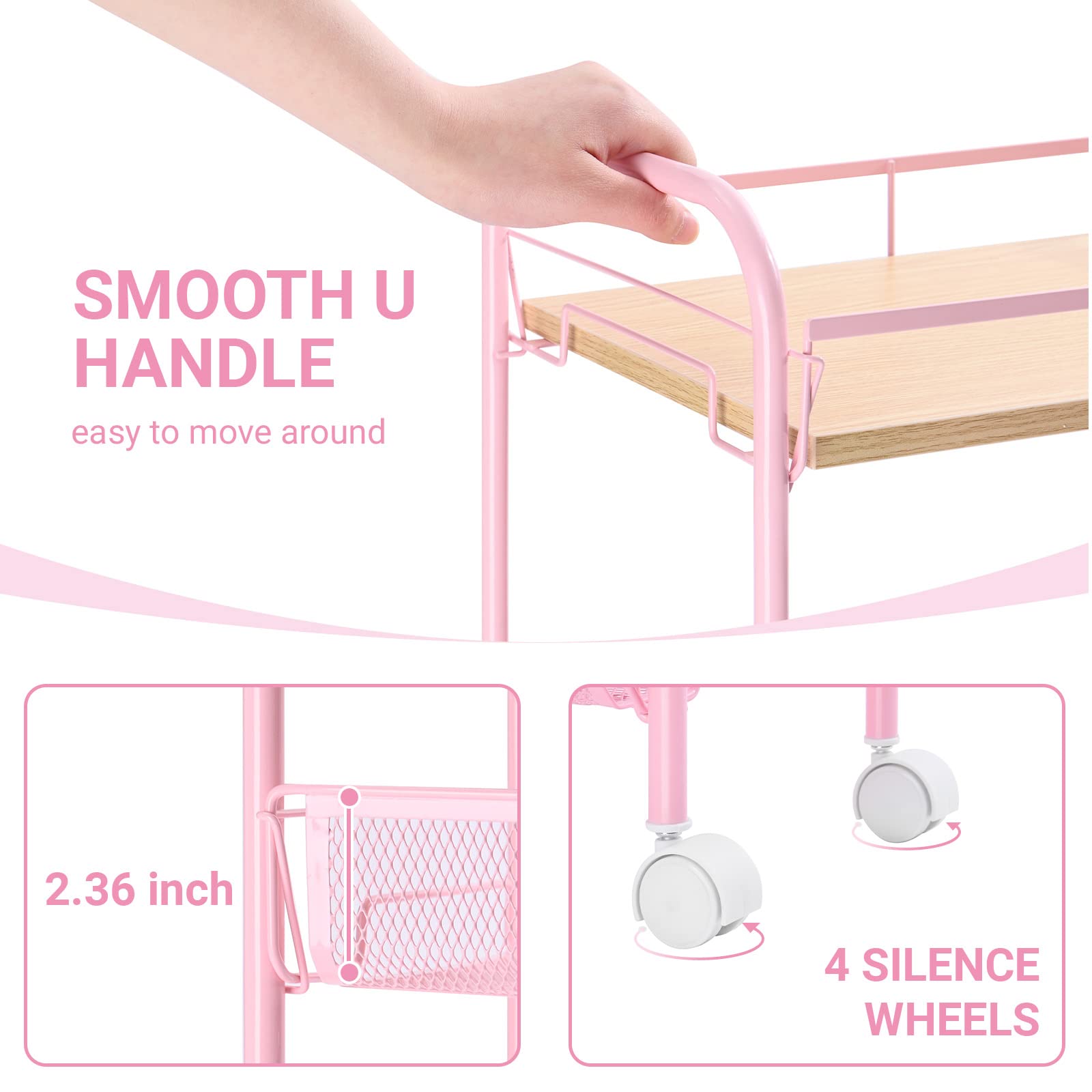 KINGRACK 4-Tier Metal Rolling Utility Cart, Pink, Flexible, Sturdy, Easy Assembly, Anti-Rust
