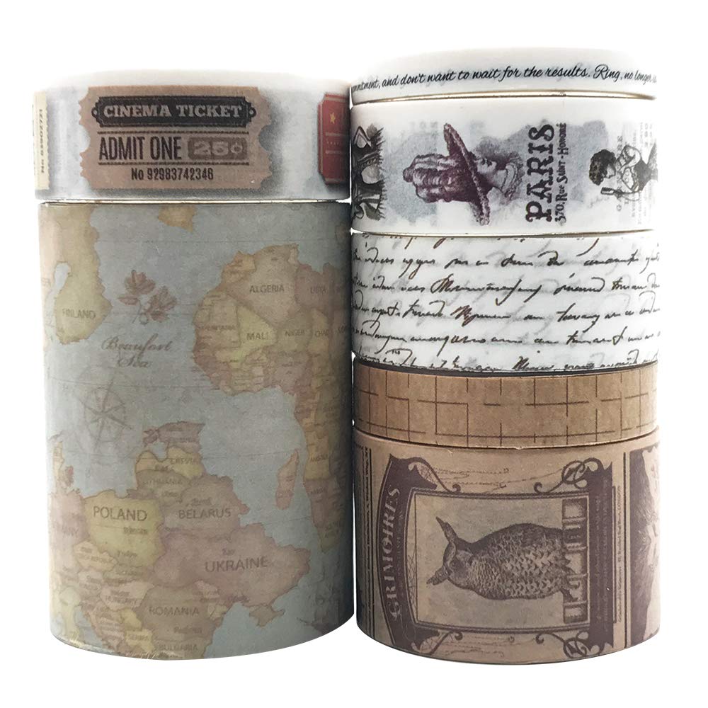 EnYan 7 Rolls Washi Masking Tapes Set, Japanese Decorative Writable Vintage Tape for DIY Crafts