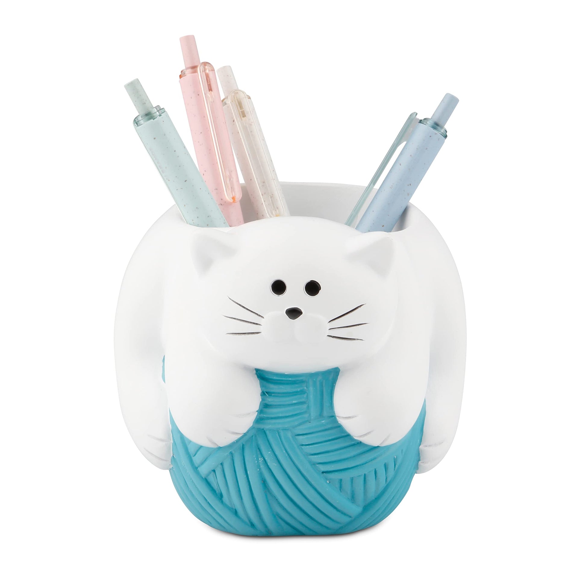 Chapman and Grand Relaxing Kitty Cat Pen Holder, White/Turquoise, Patented