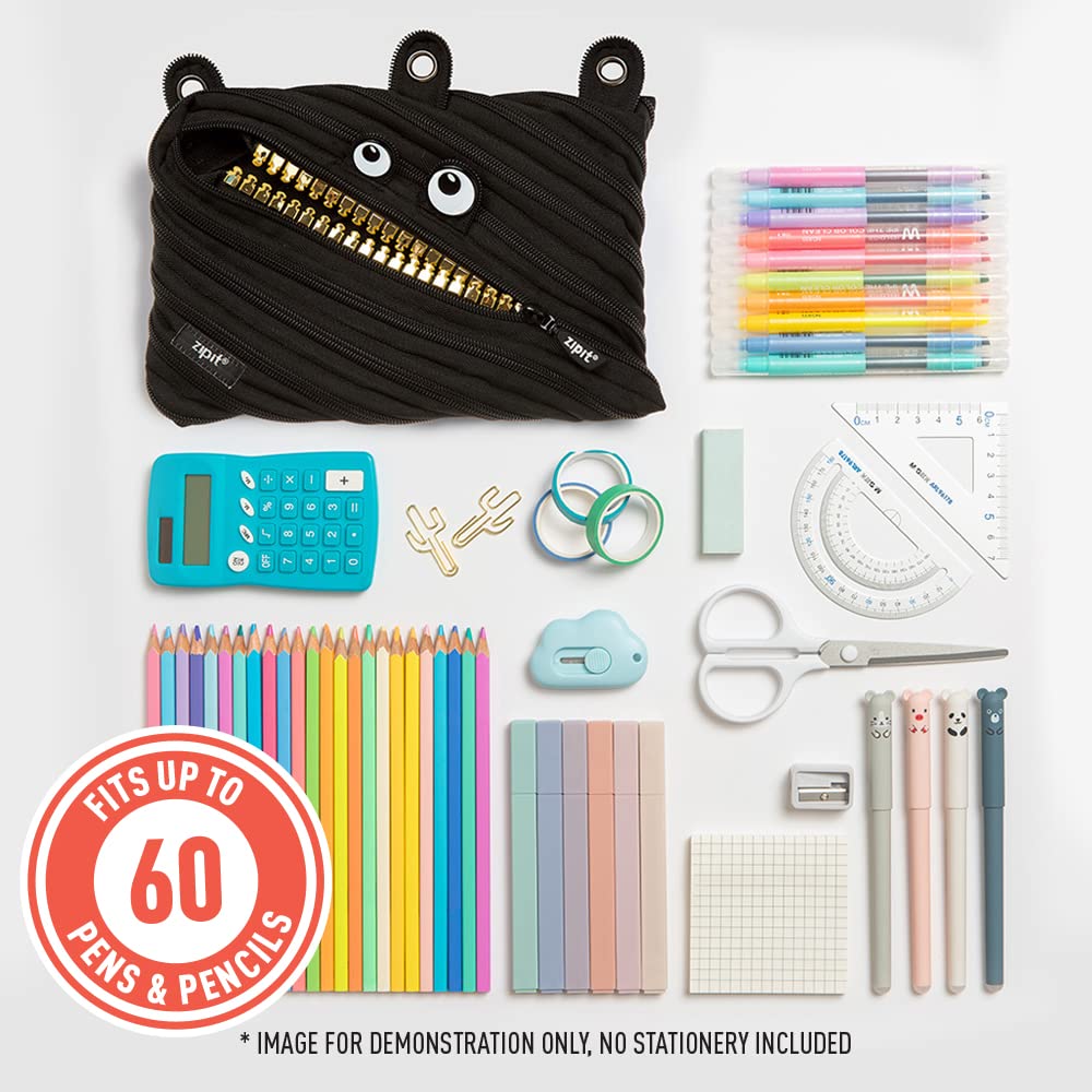 ZIPIT Grillz Pencil Case for Kids, Cute 3-Ring Binder Pouch for Boys,Black