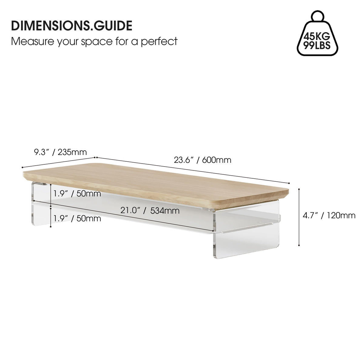 Fenge 23.6" Monitor Stand with Clear Acrylic Legs, Oak