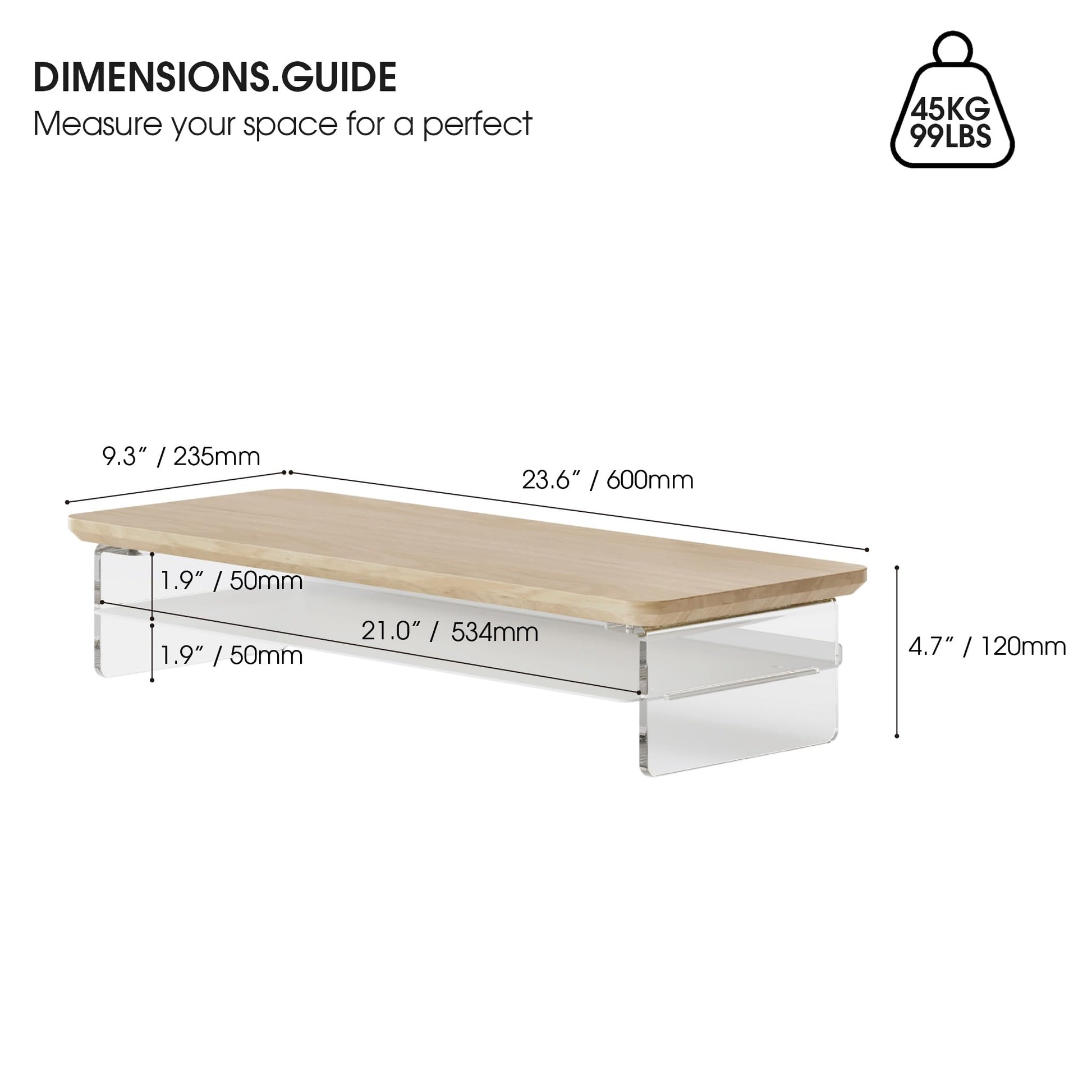 Fenge 23.6" Monitor Stand with Clear Acrylic Legs, Oak