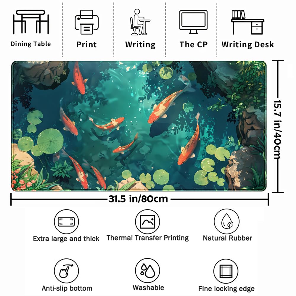 Koi Fish Desk Mat Gaming Koi Pond Desk Pad Large Cute Mouse Pad, Goldfish Mouse Mat XXL Laptop
