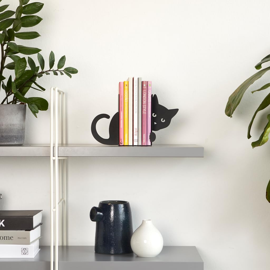 Balvi Hidden Cat Bookend – Black Metal Book Holder for Shelves – Decorative and Functional Book