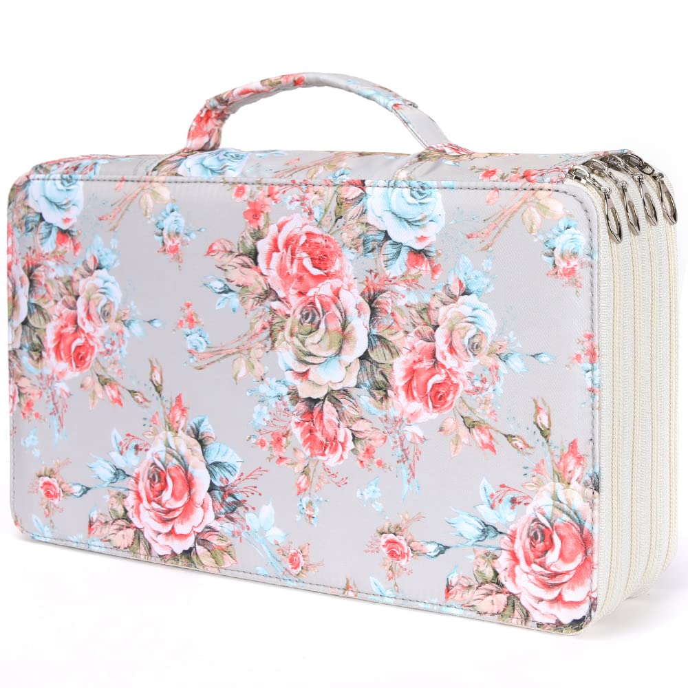 Vomgomfom 300 Slots Marker Case 4-Layer PU Leather, Handle, Gray Rose