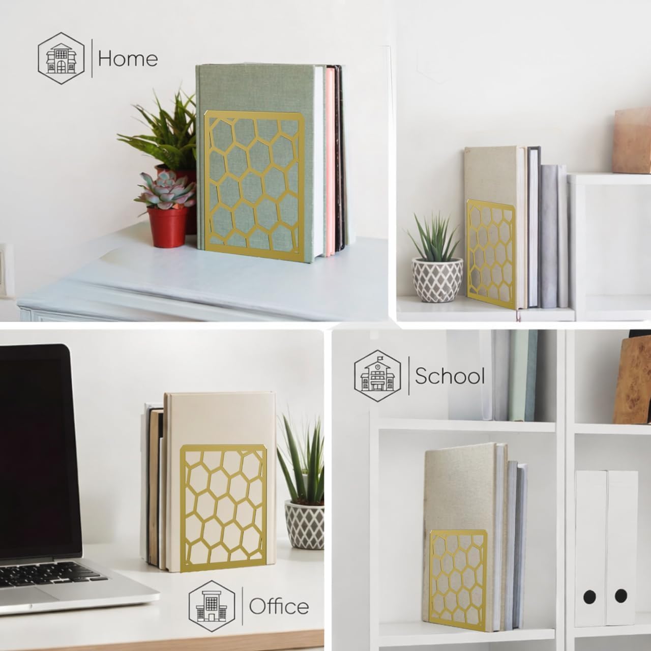 Gold Geometric Honeycomb Metal Bookends - Book Ends for Shelves - Decorative Modern Heavy Duty