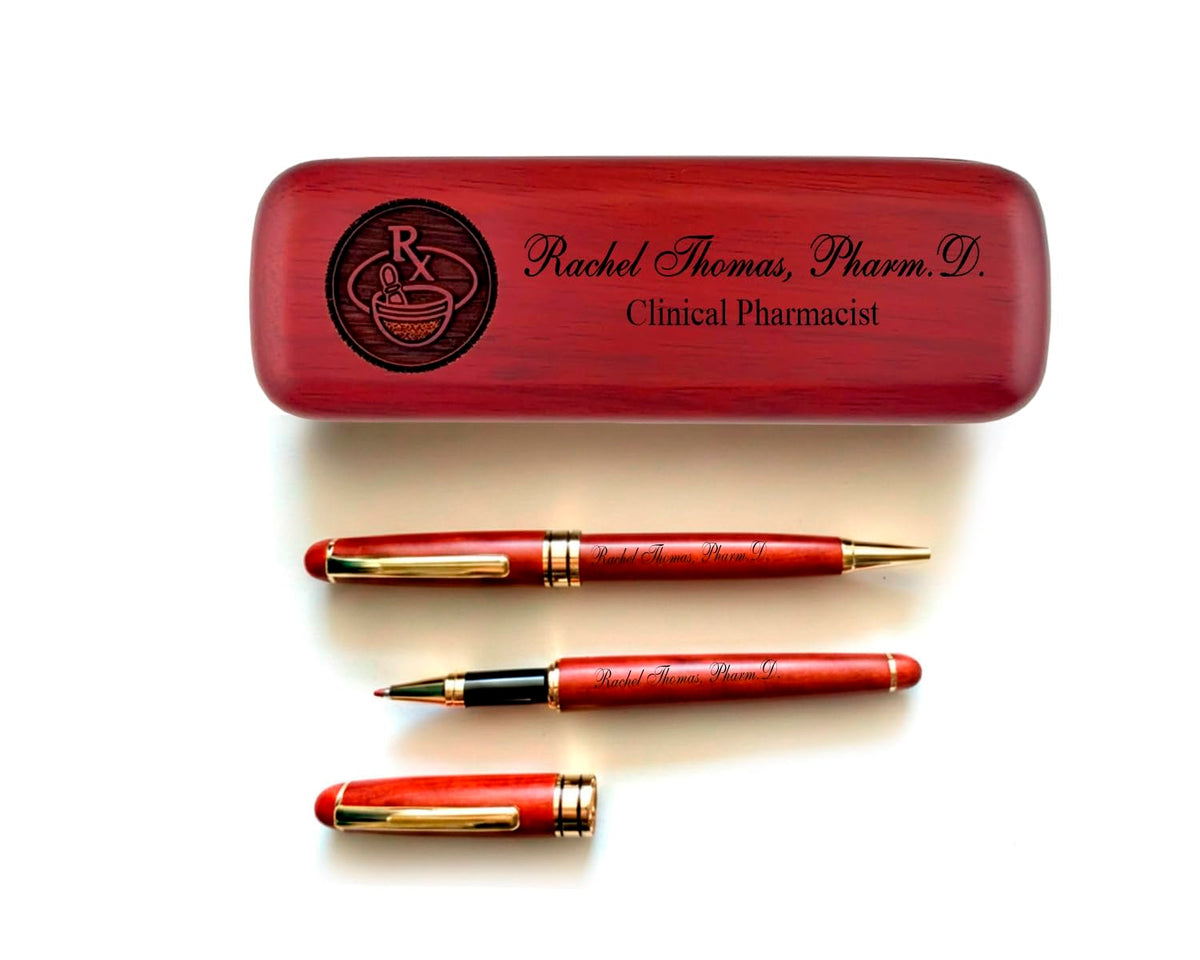 Personalized Solid Afzelia African Wood Case and Two Pens for Pharmacist