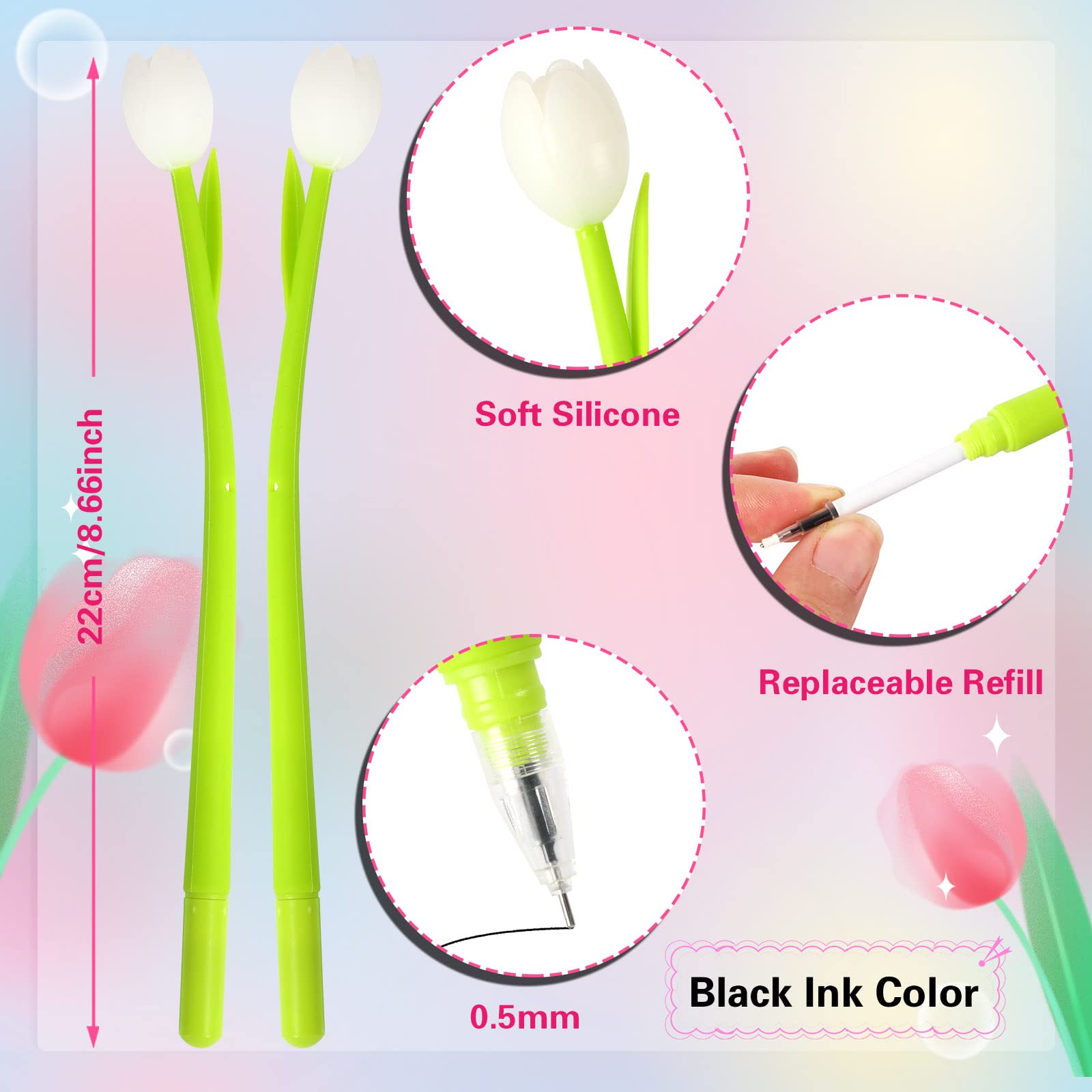 SANNIX Color Changing Tulip Flower Pens, 50Pcs Novely Fun Tulip Gel Ink Pen