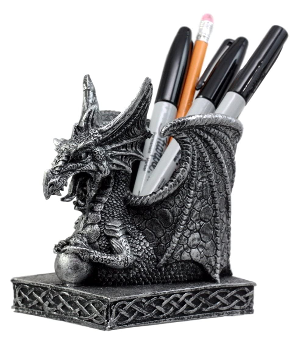 Ebros Gift Shenlong Spirit Dragon Orb Stationery Holder Figurine 4.75" H Office Desktop Accessory
