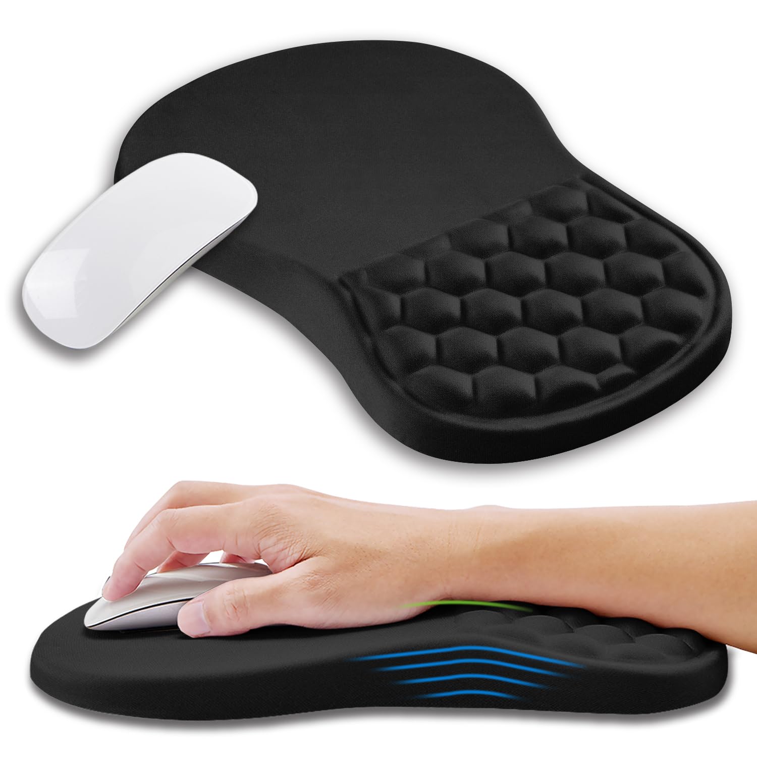 Kuosgm Ergonomic Mouse Pad Wrist Support with Memory Foam Massage Bulge, Carpal Tunnel Pain Relief