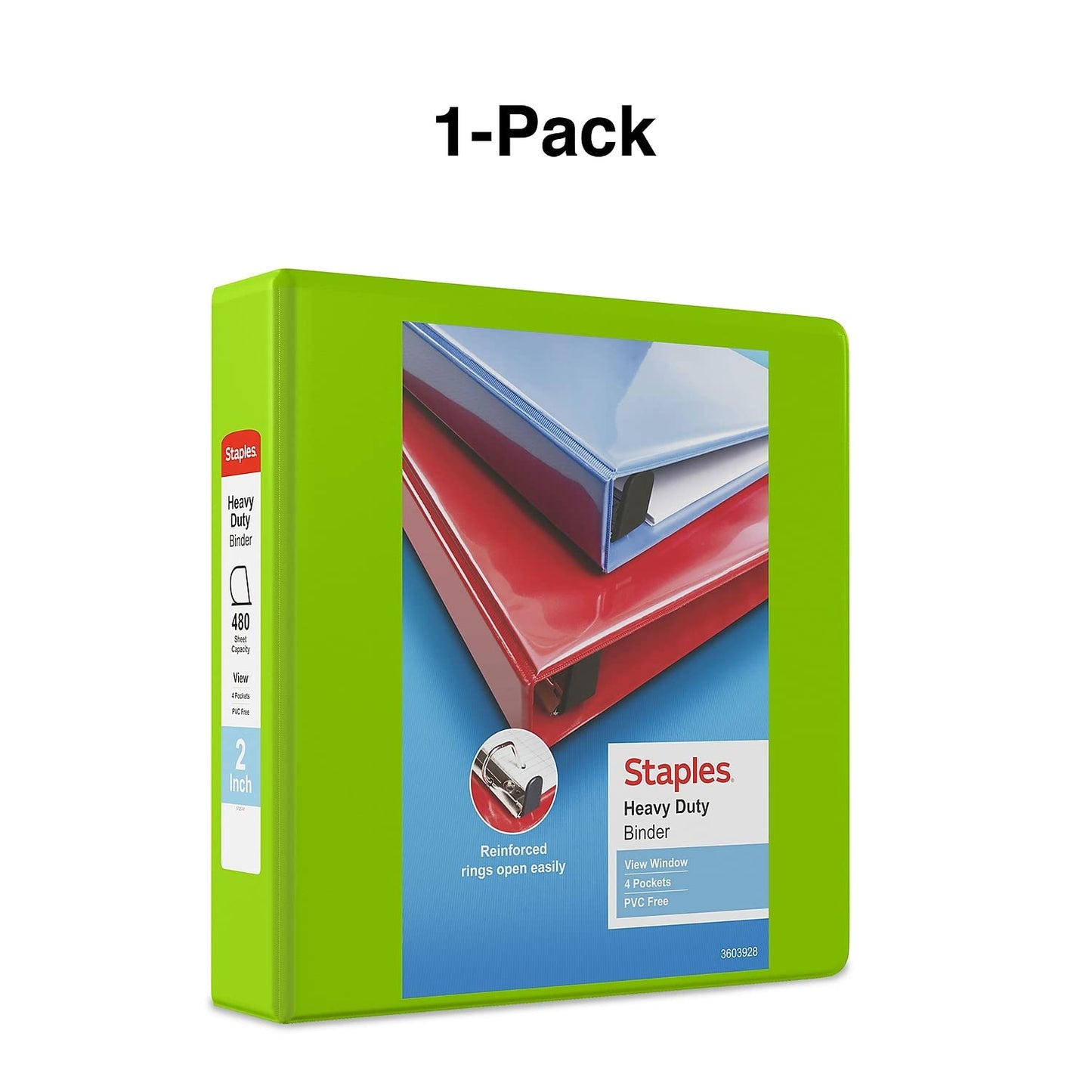 Staples Heavy-Duty 2" D-Ring View Binder, Chartreuse, 450-Sheet Capacity