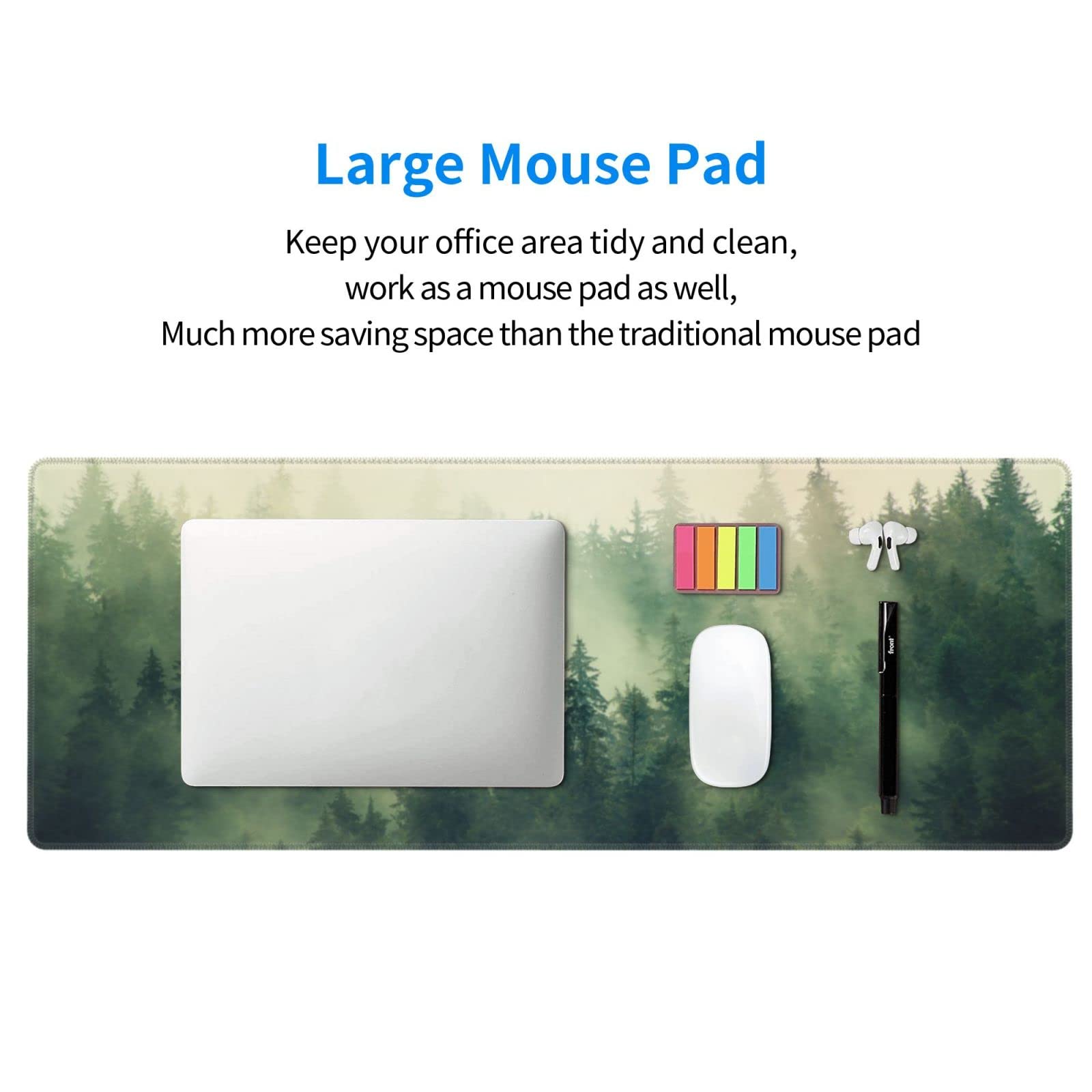 Green Forest Pine Fog Mountain Tree XXL XL Large Gaming Mouse Pad for Desk, Non-Slip Long Extended