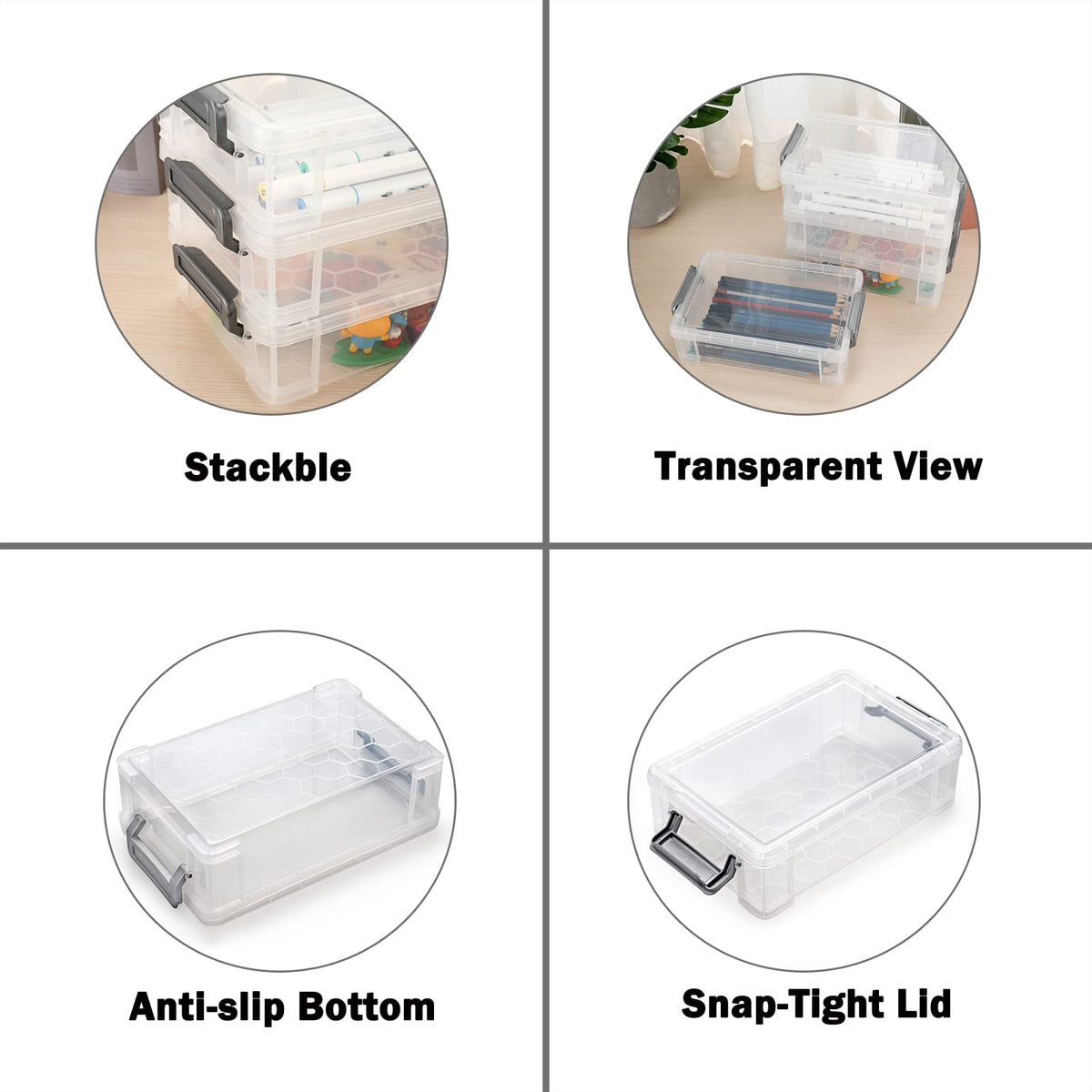 BTSKY 4 Pack Extra Large Plastic Pencil Box Stackable, Translucent, Grey