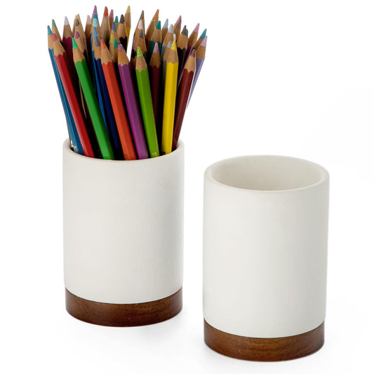 Officepal Ceramic Pen Holder for Desk, Pencil Cup, (White,Set / 2)