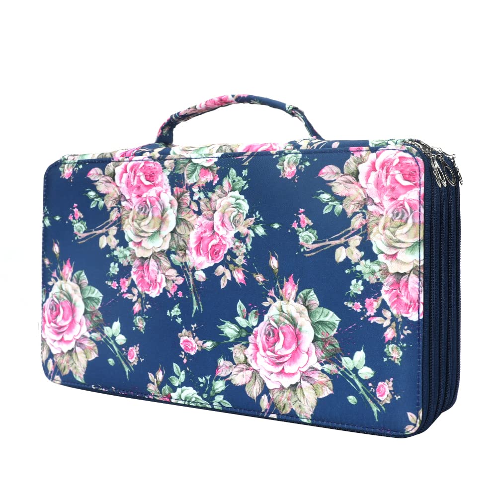 Vomgomfom 300 Slots Marker Case 4-Layer PU Leather, Handle, Blue Rose