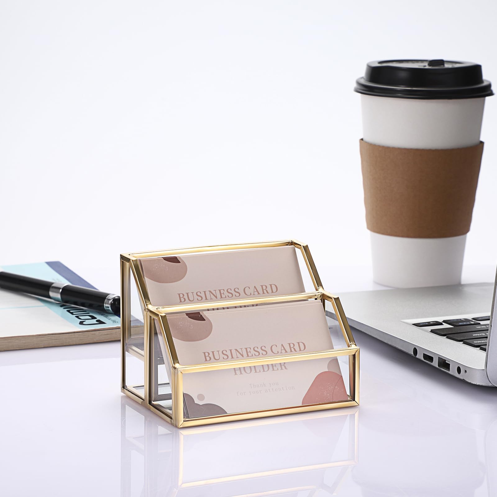 Hipiwe Glass Business Card Holder for Desk 2 Slots Gold Name Card Stand