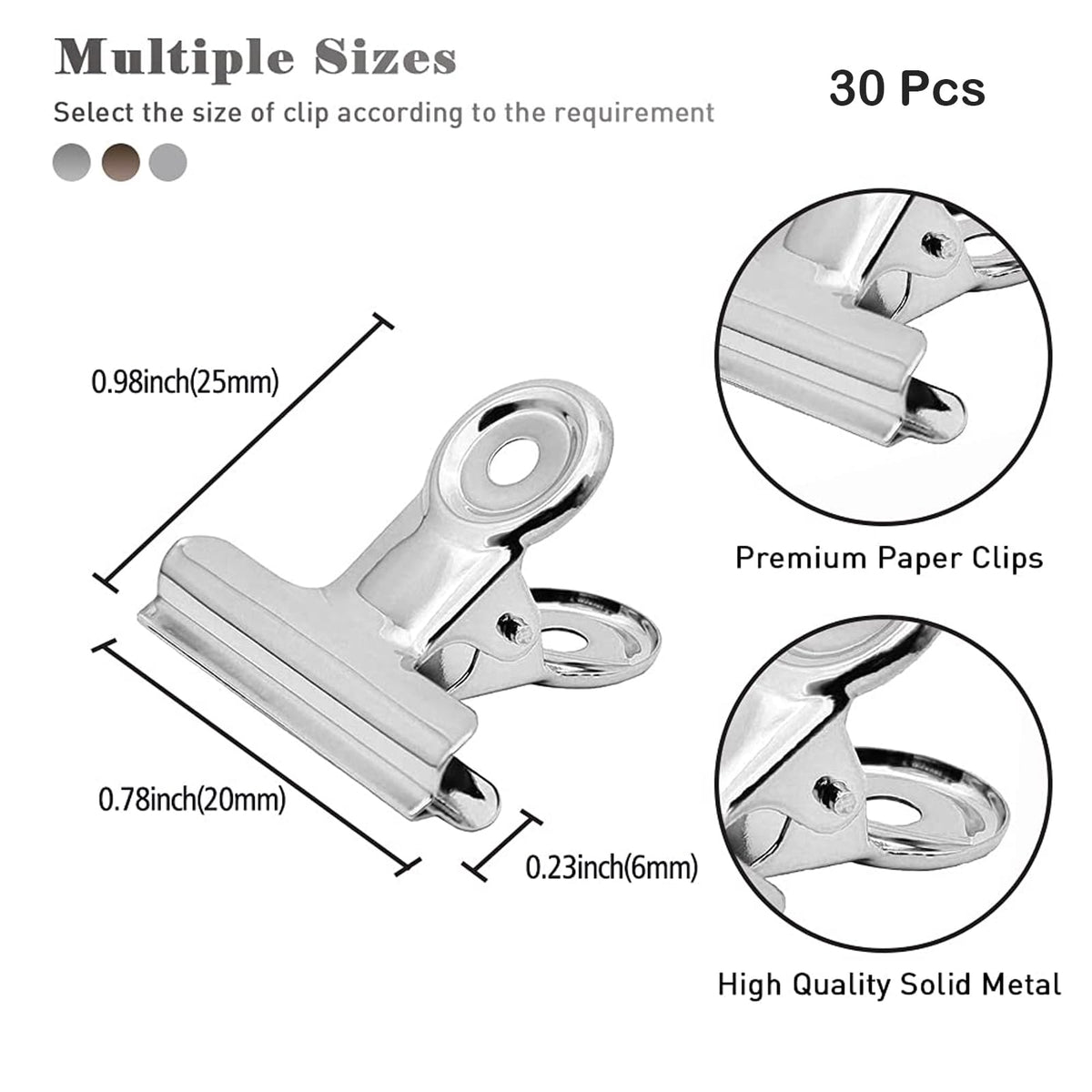Bulldog Clips 0.86 Inch (20 mm) 30 PCS, Round Head Metal Bulldog Clips, 3 Colors (10 PCS Each)