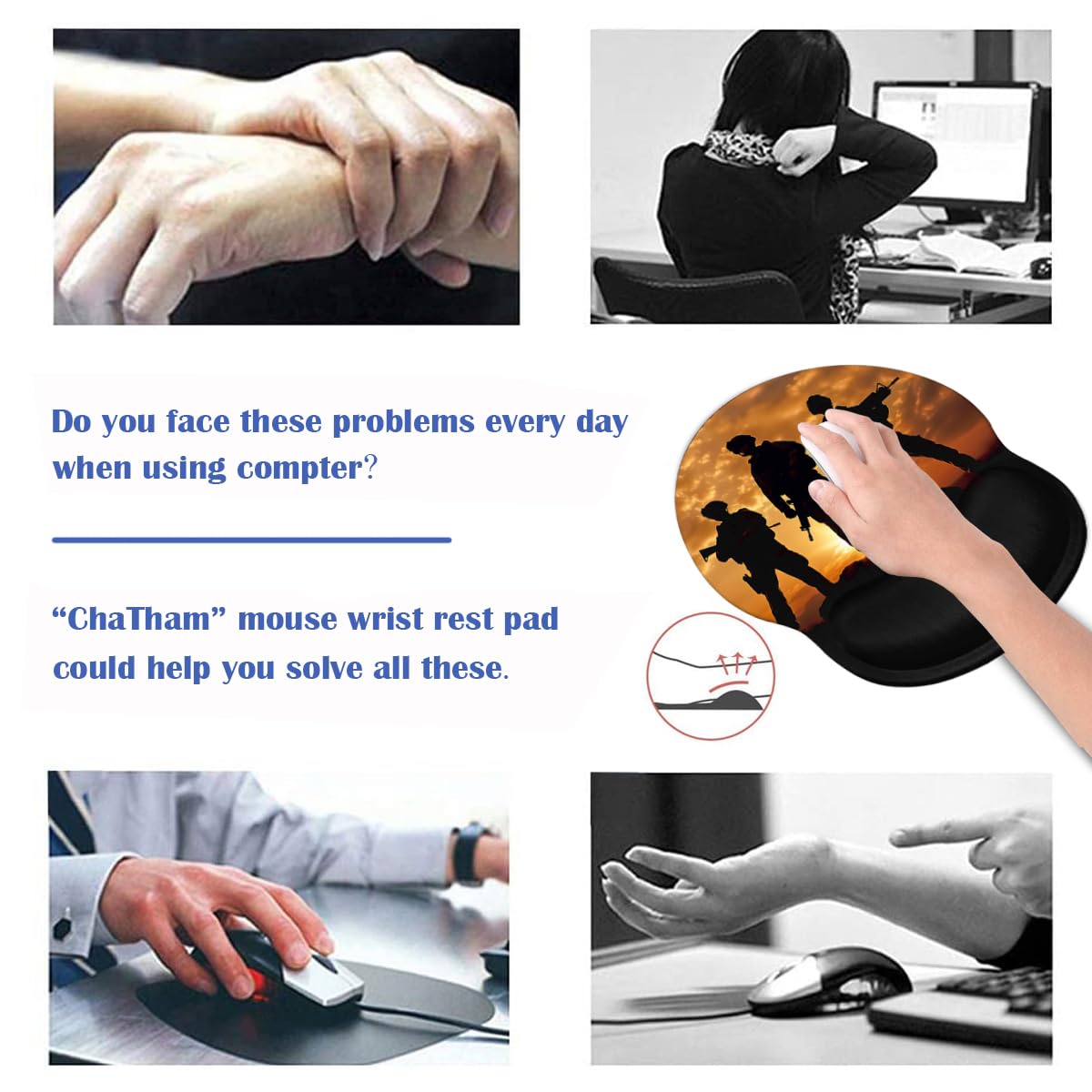 BWOOLL Ergonomic Mouse Pad Wrist Support and Coasters Set, Cute Wrist Rest Pad with Non-Slip PU