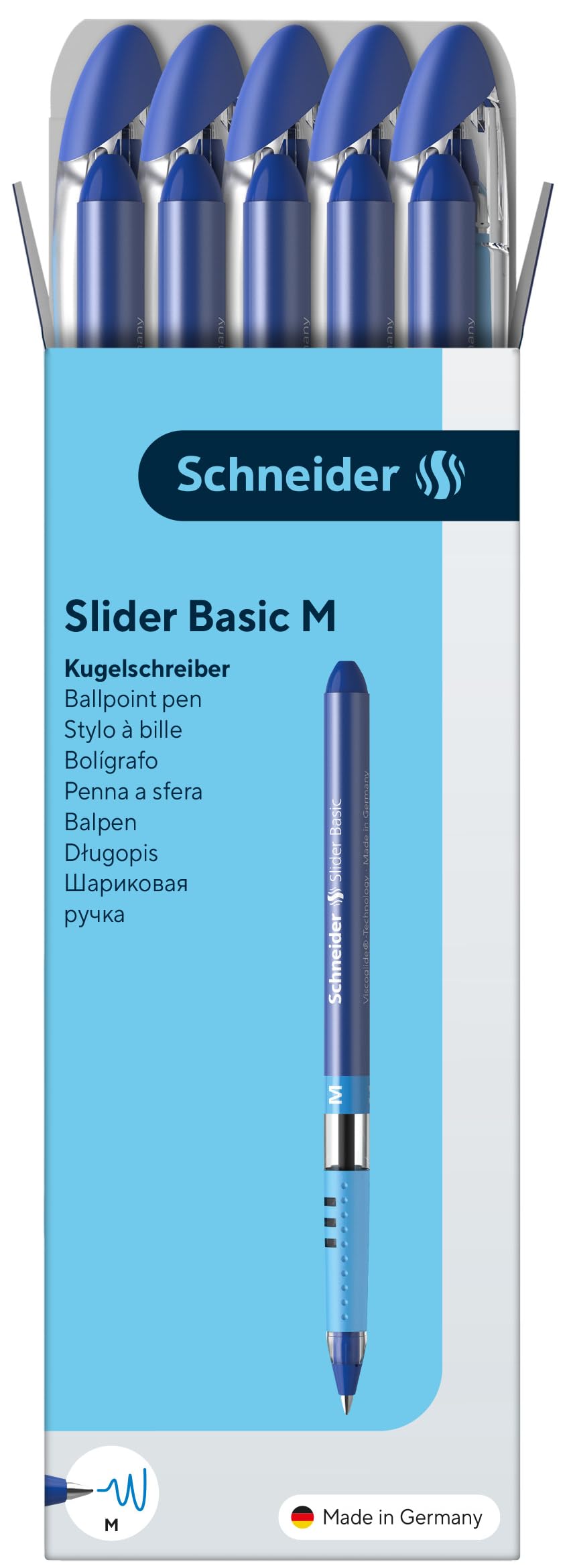 Schneider Slider Basic M (Medium) Ballpoint Pen, 1.0 mm, Transparent Barrel, Blue Ink, Box of 10