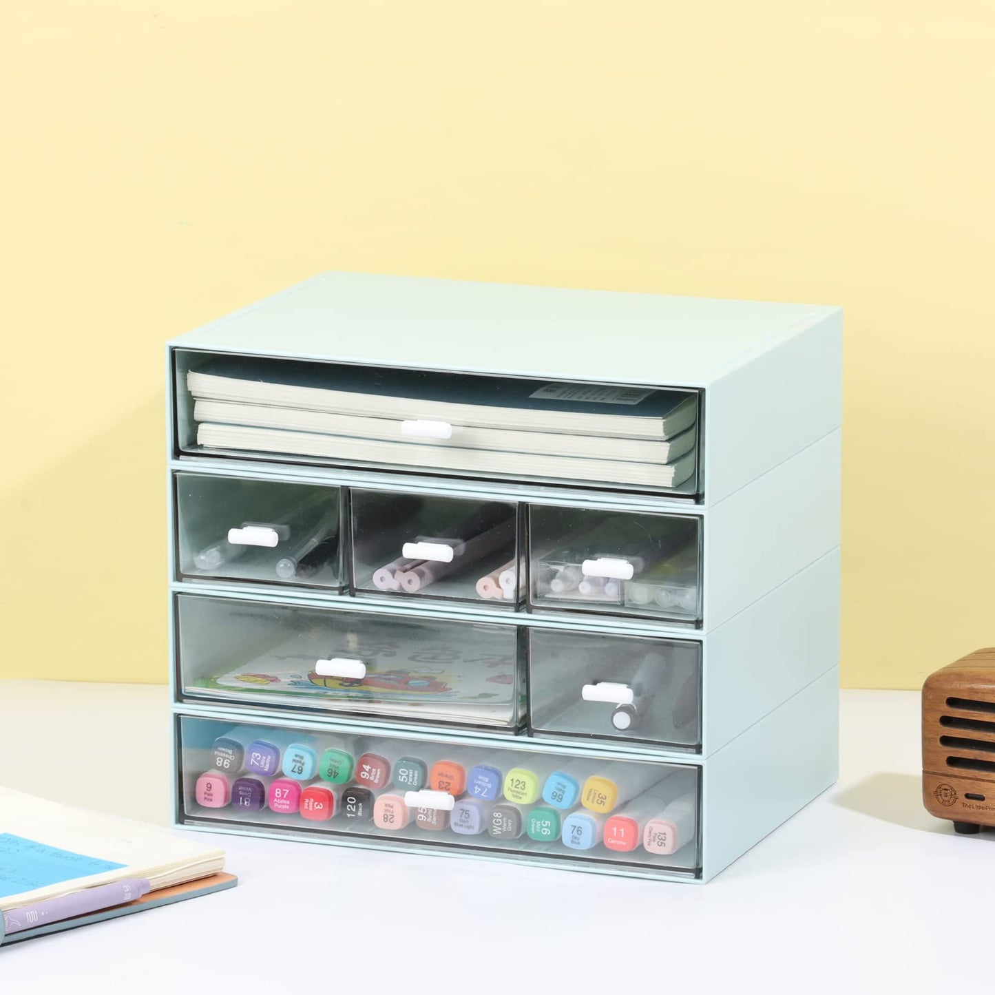 OSteed Stackable Storage Drawers, Office Desk Organizer with 7 Flat Drawers