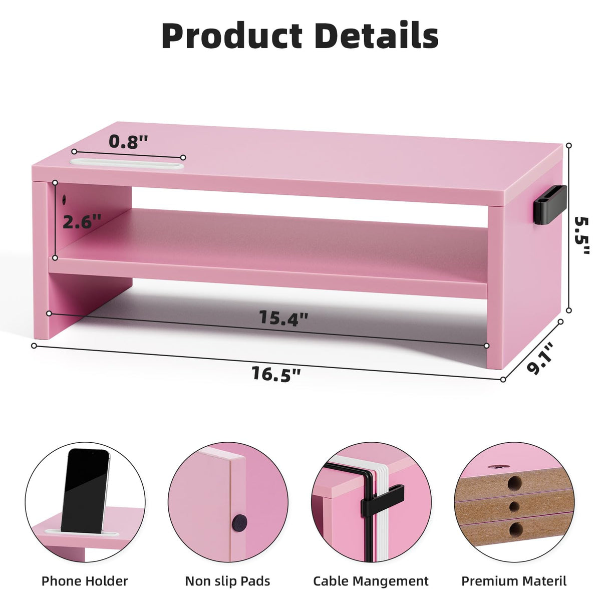 Marbrasse Wood Monitor Stand Riser,Desk Computer Printer Shelf Stand，Pink