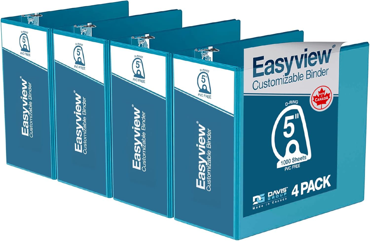 Easyview 3-Ring Binder, Clear-View Cover, 5" D Rings, Turquoise, 4 Pack