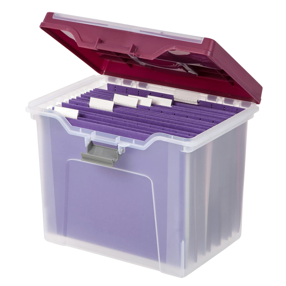 Office Depot Large Mobile File Box, Letter Size, 11 5/8in.H x 13 3/6in.W x 10in.D, Clear/Burgundy