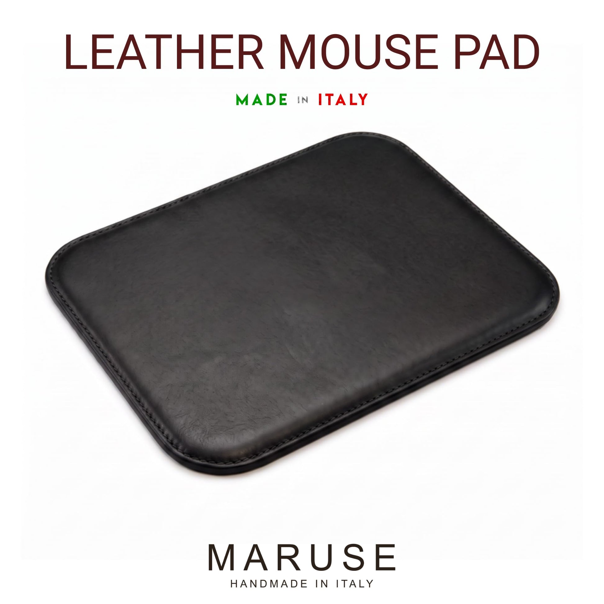 Maruse Italian Leather Mouse Pad for Home or Office Desktop, Handmade in Italy, Black
