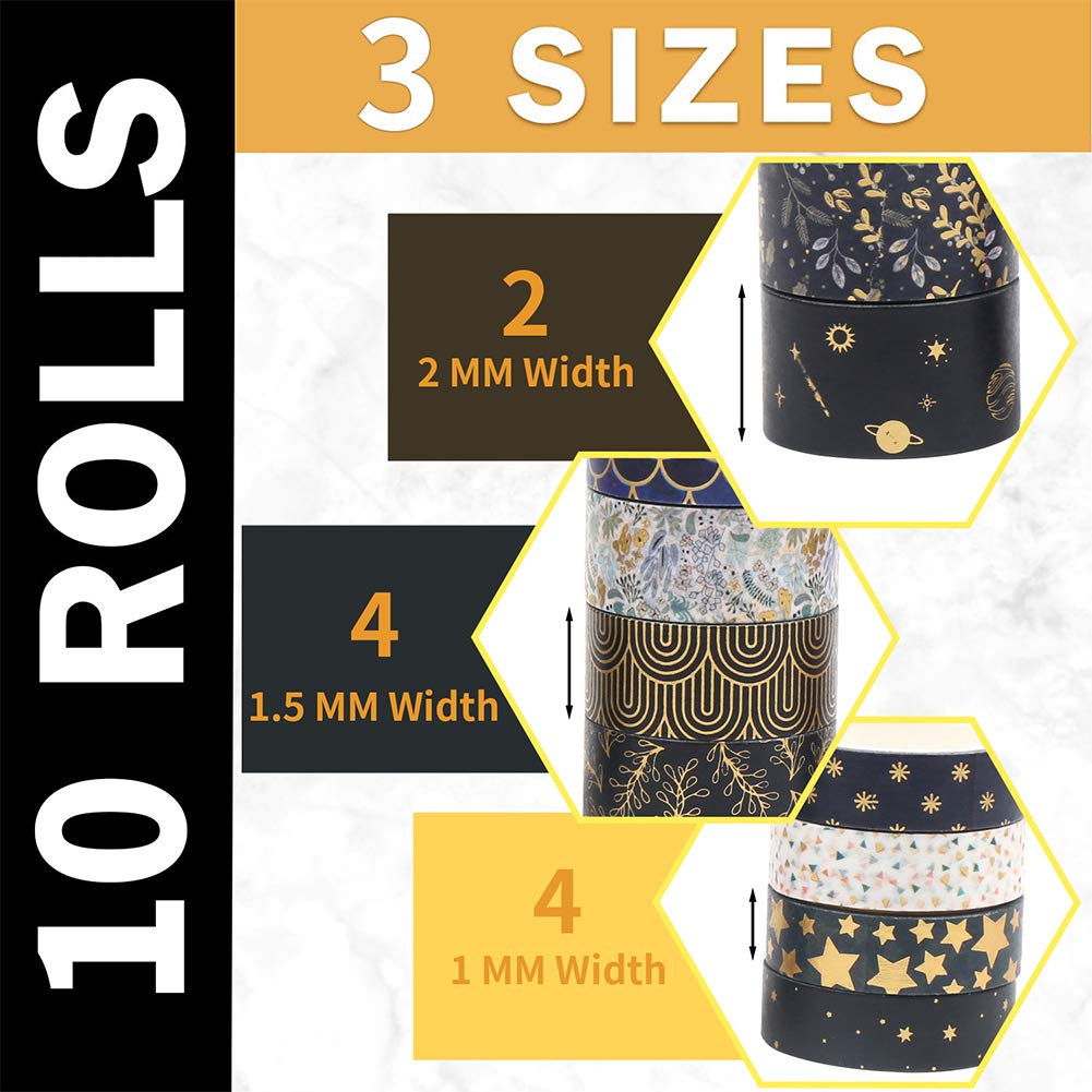CCINEE Black Gold Foil Washi Tape,Floral Decorative Masking Tapes for Bullet Journal Scrapbook