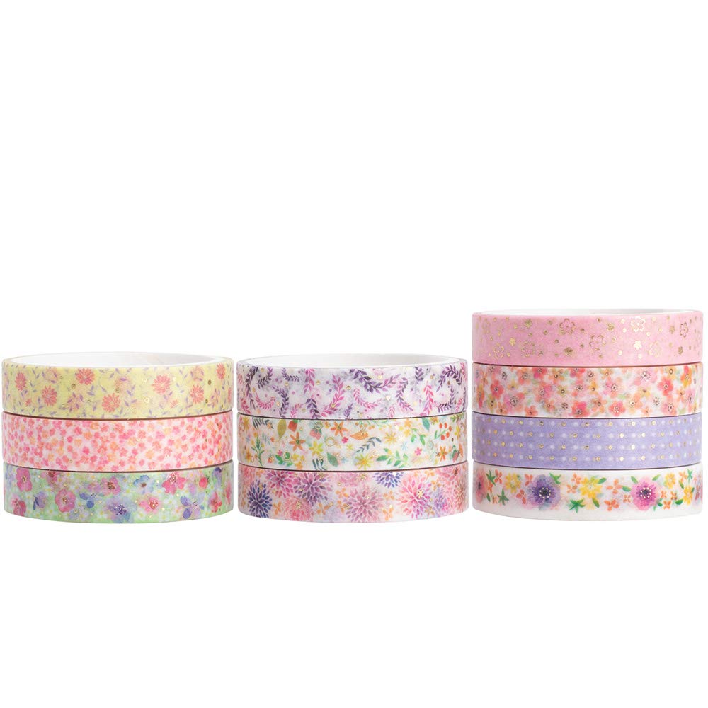 YUBBAEX 10 Rolls Sparkling Washi Tape Set 8mm Skinny Gold Foil Decorative Masking Washi Tapes for