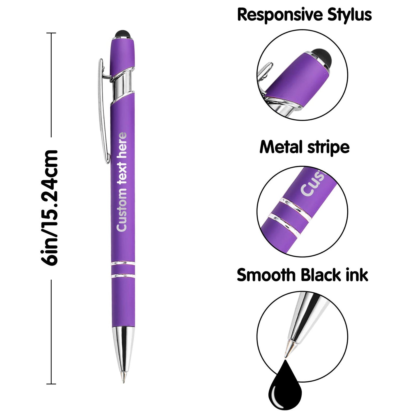 10 Pcs Personalized Pens in Bulk with Stylus Tip - Custom Print with Name 0.5 mm Soft Touch Medium