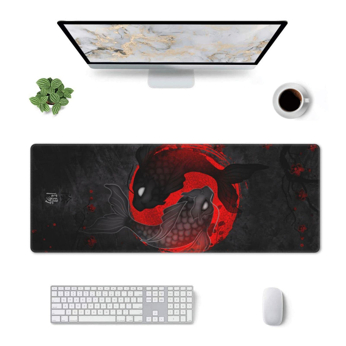 Japanese Yin and Yang Koi Carp Gaming Mouse Pad XL, Non Slip Rubber Base Mousepad, Stitched Edges