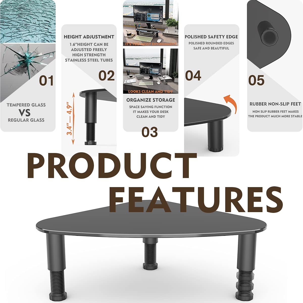 Hemudu Tempered Glass Computer Monitor Riser/Triangle Save Space Desktop Corner Stand for Computer