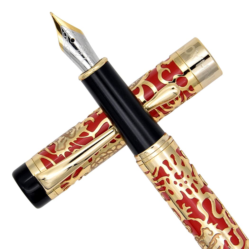 zoohot Jinhao Dragon Pen Fine Nib Fountain Pen with Converter and Box Set (Red)