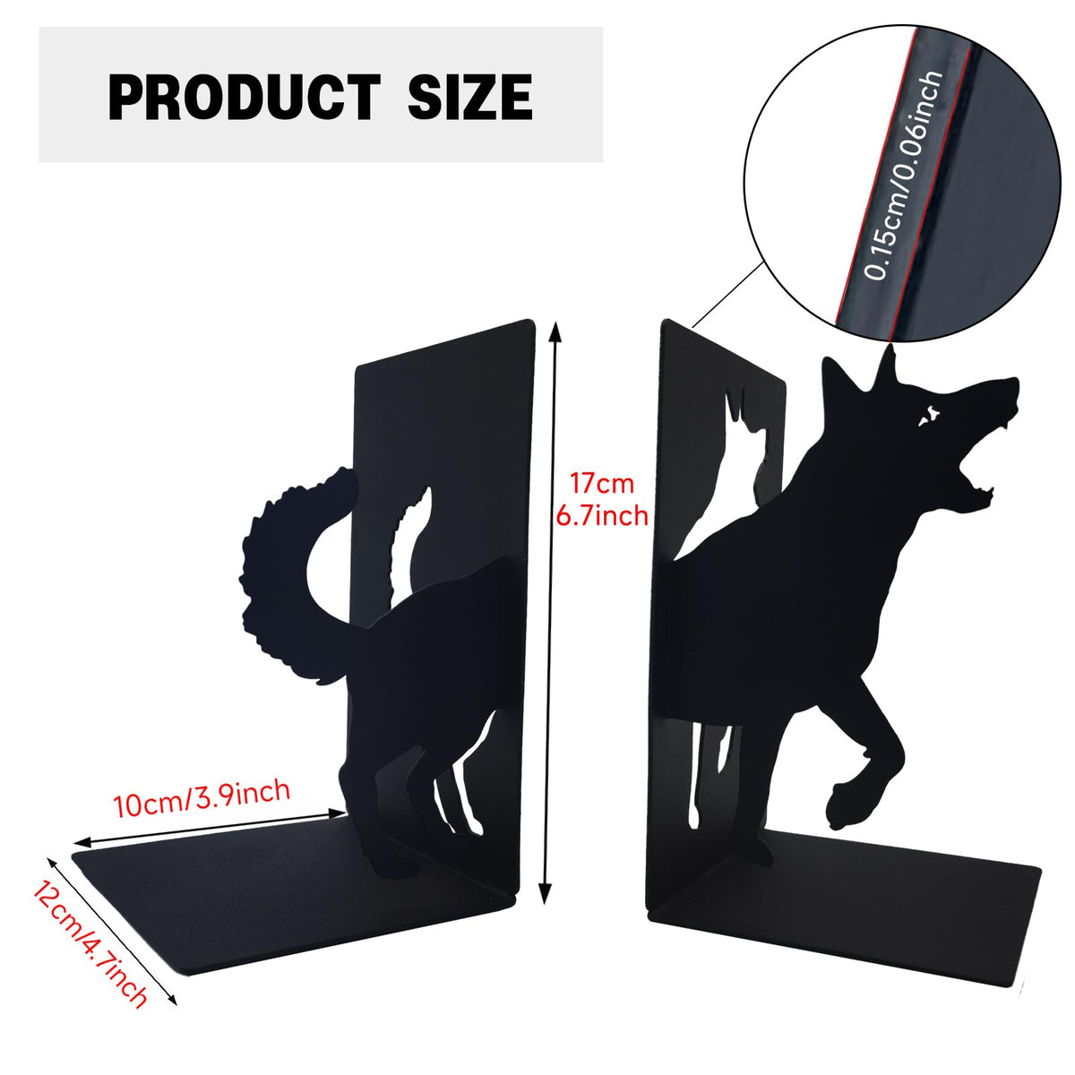 ENCIMART Dog Book Ends Decorative for Shelves, Black Metal Bookend Supports for Heavy Books, Book