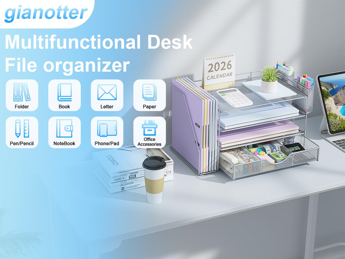 gianotter Desk Organizers and Accessories with File Holder, 4-Tier Desk Accessories & Workspace