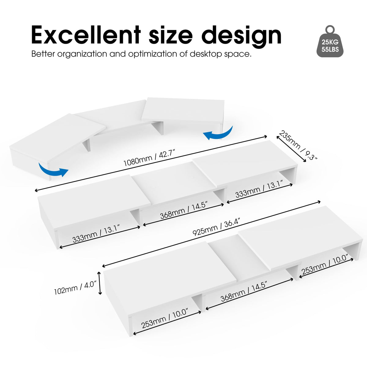 FITUEYES Dual Monitor Stand Riser, Adjustable Length and Angle, White