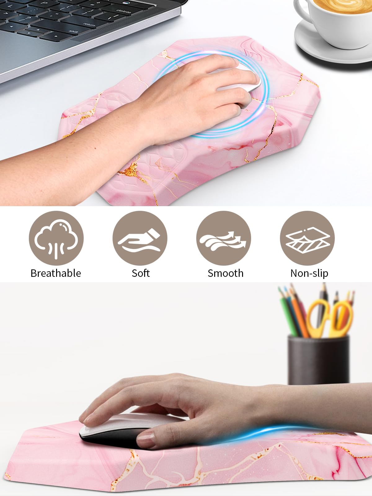 3-in-1 Ergonomic Keyboard Stand with Wrist Rest & Mouse Pad Set,Pink Marble