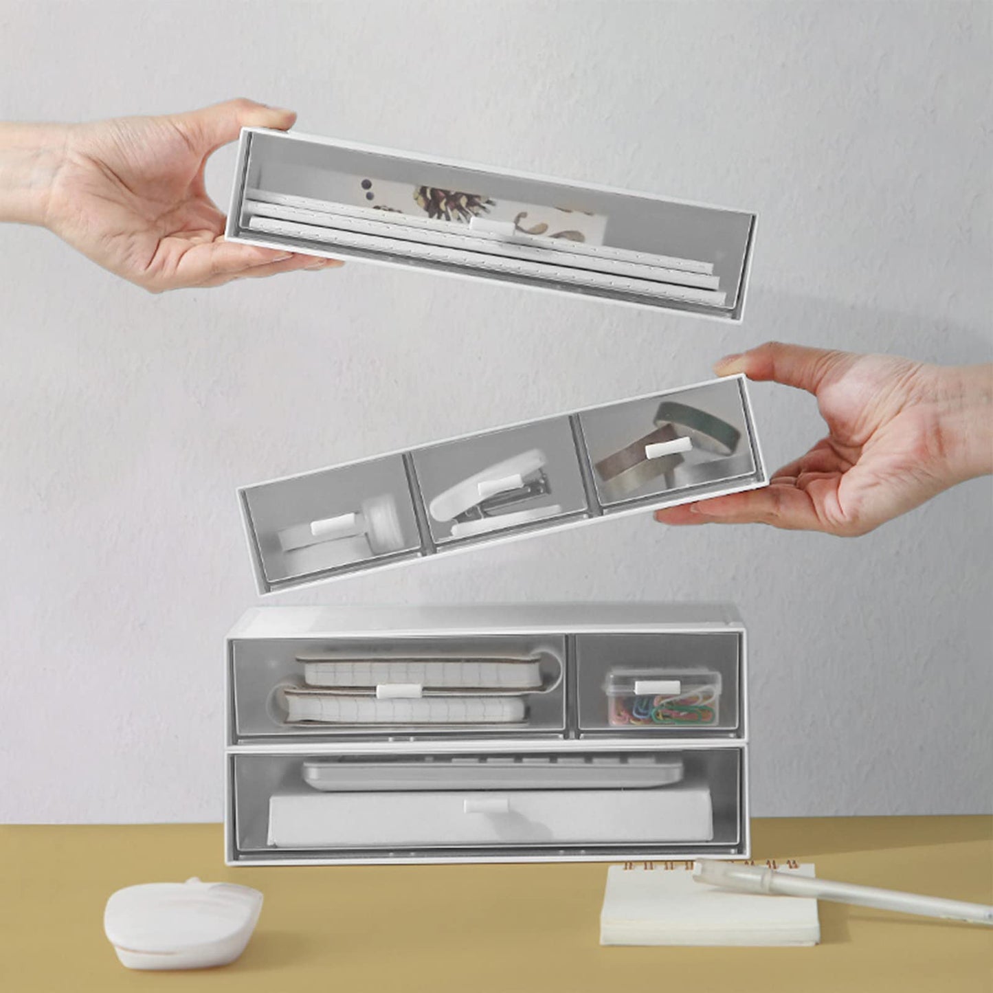Desk Organizer-3 Tier Stackable Storage Drawers with 6 Compartments White Compact Desk Storage