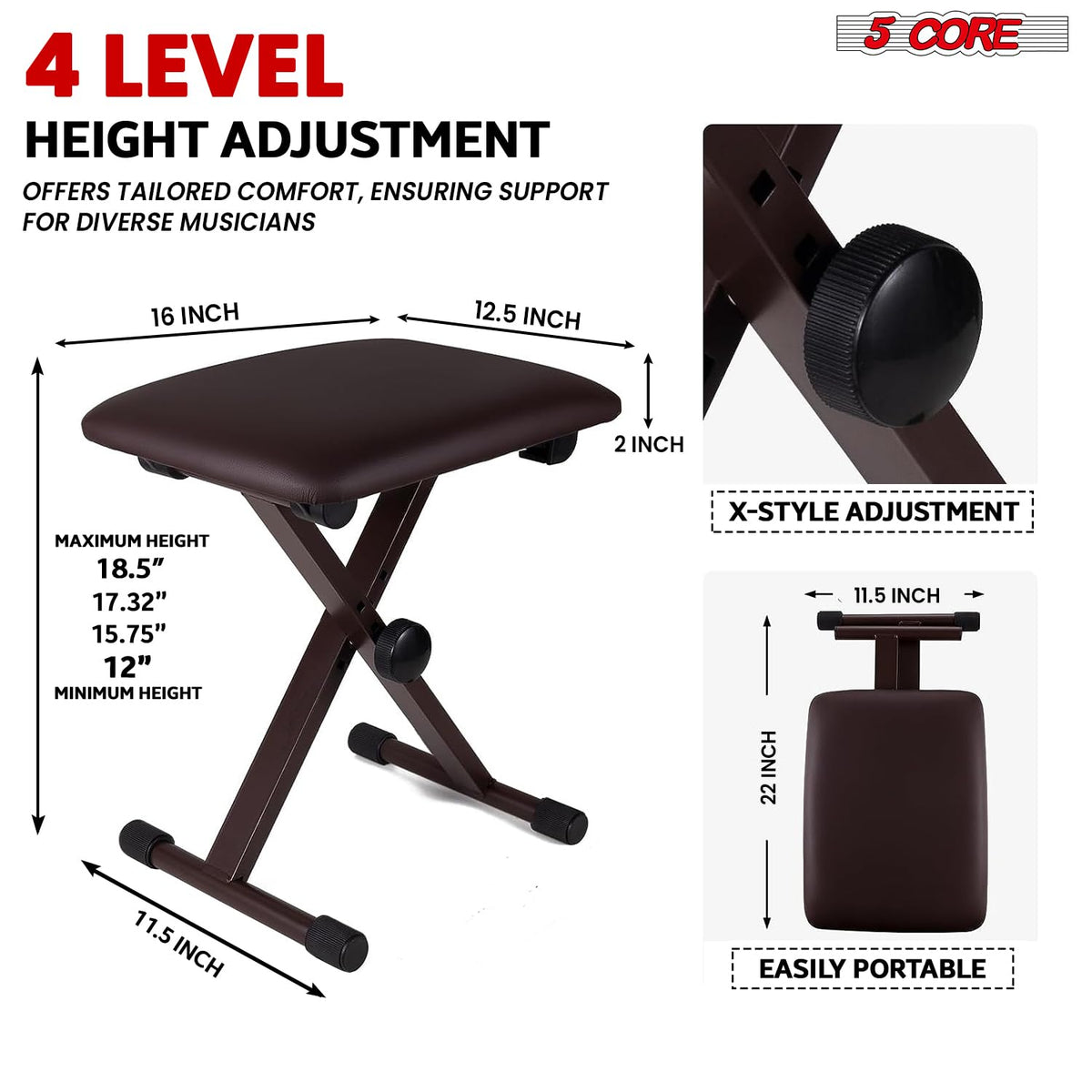5 CORE Keyboard Bench X Style Padded Cushion Height Adjustable Piano Stool Seat Portable Keyboard