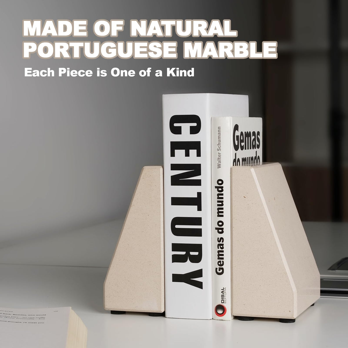 Book End, Natural Marble Bookend for Shelves, Non-Skid Bookends for Heavy Books, Heavy Duty Book