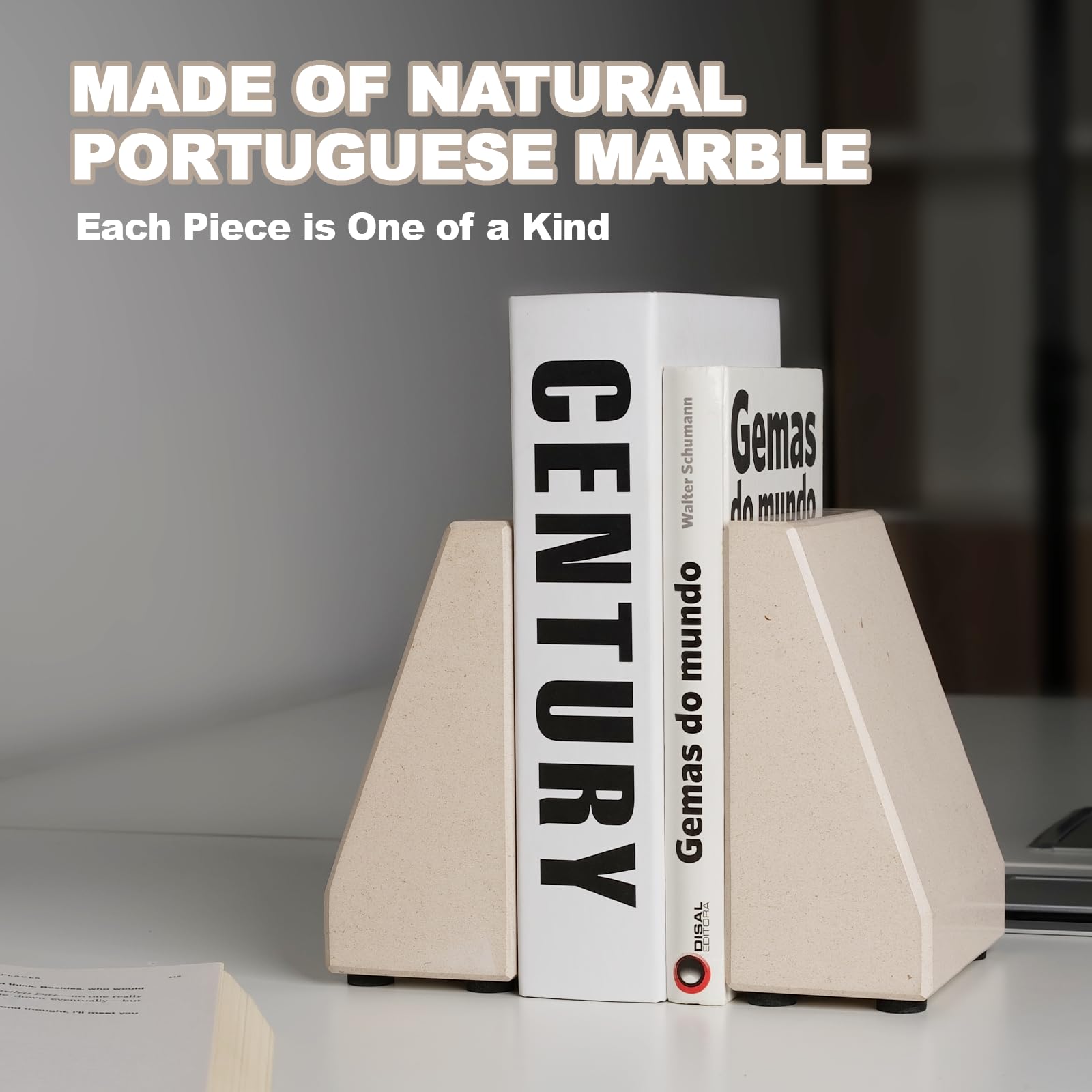 Book End, Natural Marble Bookend for Shelves, Non-Skid Bookends for Heavy Books, Heavy Duty Book