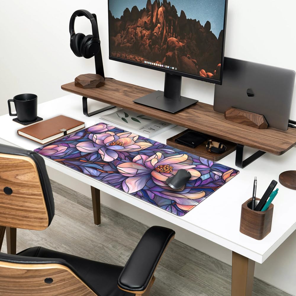 Floral Desk Mat Gaming Faux Stained Glass Artistic Patterns Large Mouse Pad