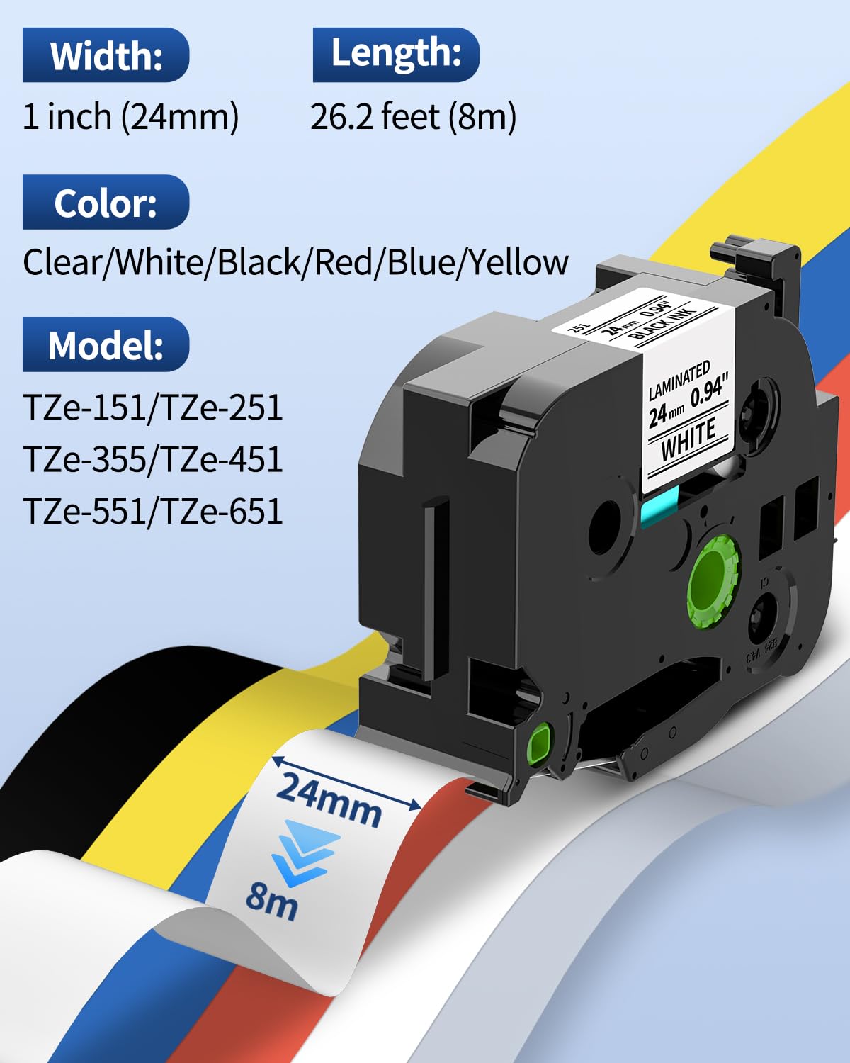 Replacement for Brother P Touch Label Maker Tape 1 Inch Colored TZe TZ Tape