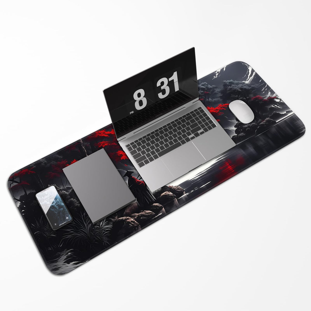 Japanese Dark Red Moon Gaming Mouse Pad, Extended Mouse Pad with Non-Slip Base, Full Keyboard Pad