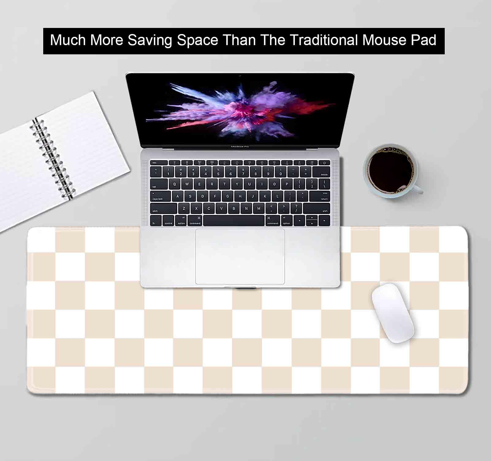 SXCKANG Beige Sand Checkered Desk Pad, Cute Aesthetic Retro Extra Large Mouse Pad for Kids Girls
