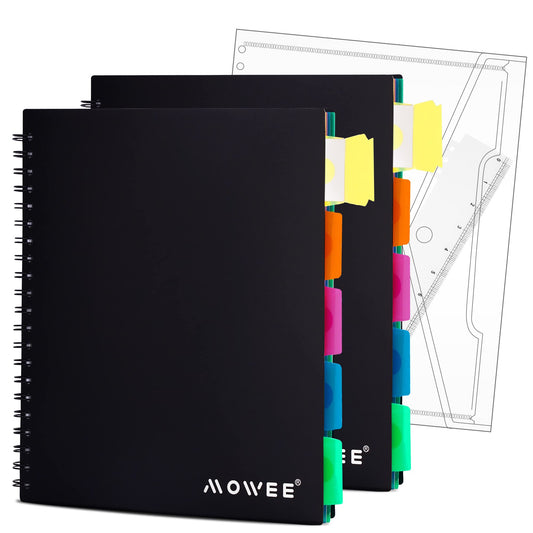 MOWEE 5-Subject Spiral Notebook, College Ruled, with Pocket & Tab Dividers