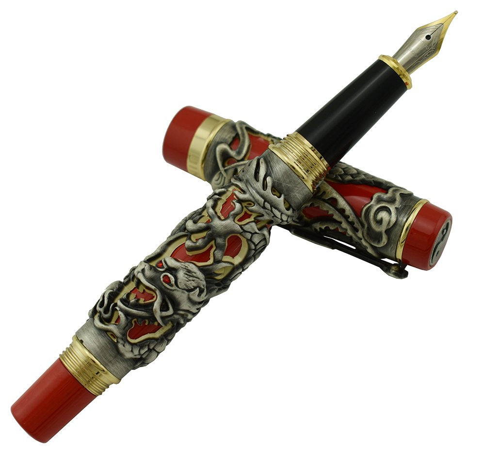 Jinhao Dragon Phoenix 3d Embossment Gray Red Fountain Pen Bent Nib Chinese Ruyi Clip Wooden Box Set